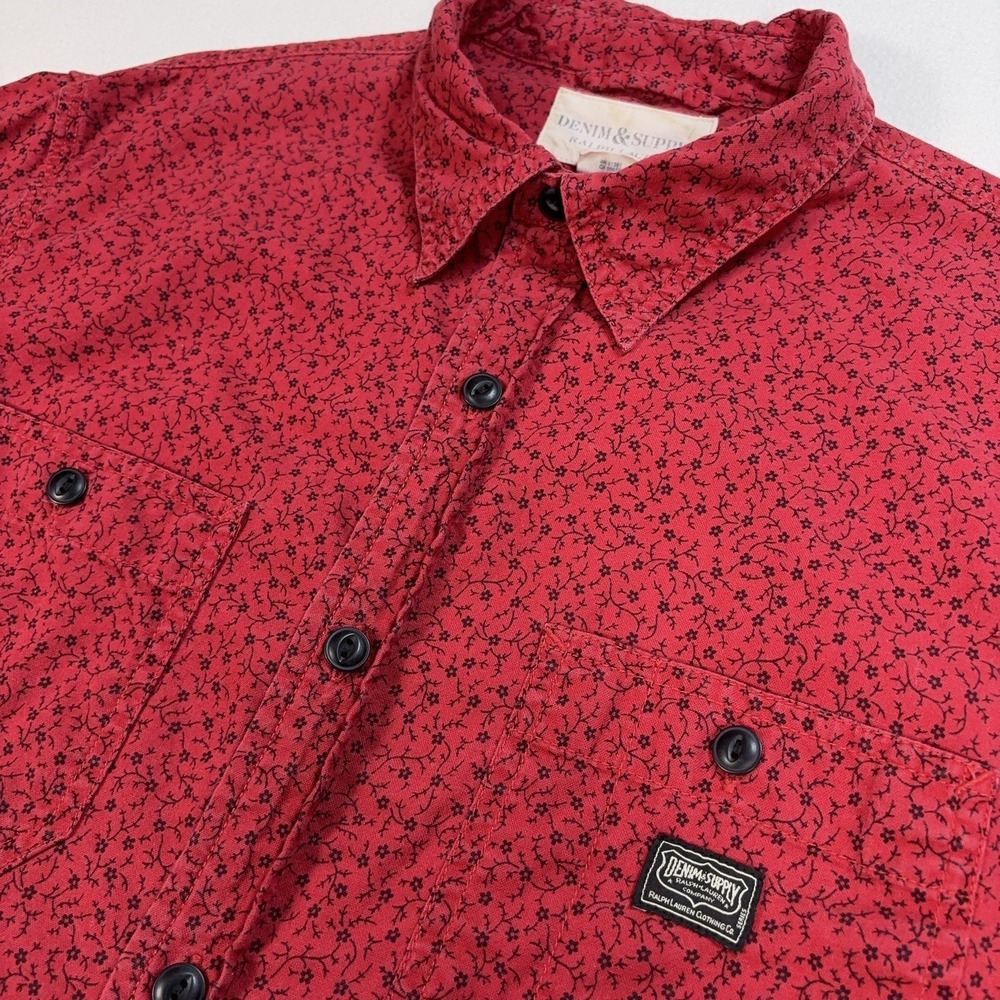 Denim Supply Ralph Lauren Shirt Men's M Red Micro-Flower Cotton Pocket Button Up